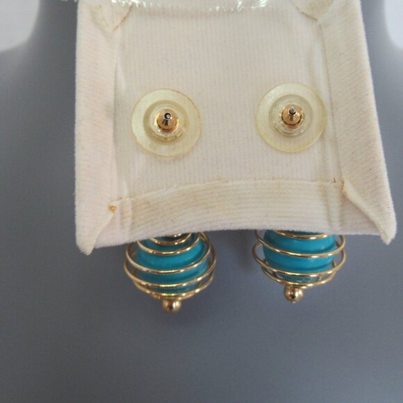 New Gold Tone Faux Turquoise Bead Dangle Pierced Earrings 1.75" Long - Picture 4 of 4